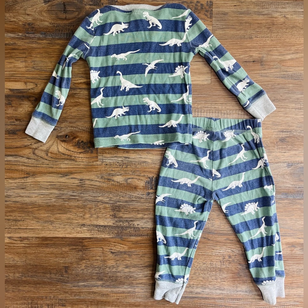 Mini Boden Green Smoke Glow-in-the-Dark Dinosaurs Blue Green Stripes Pajama Set - Picture 3 of 5